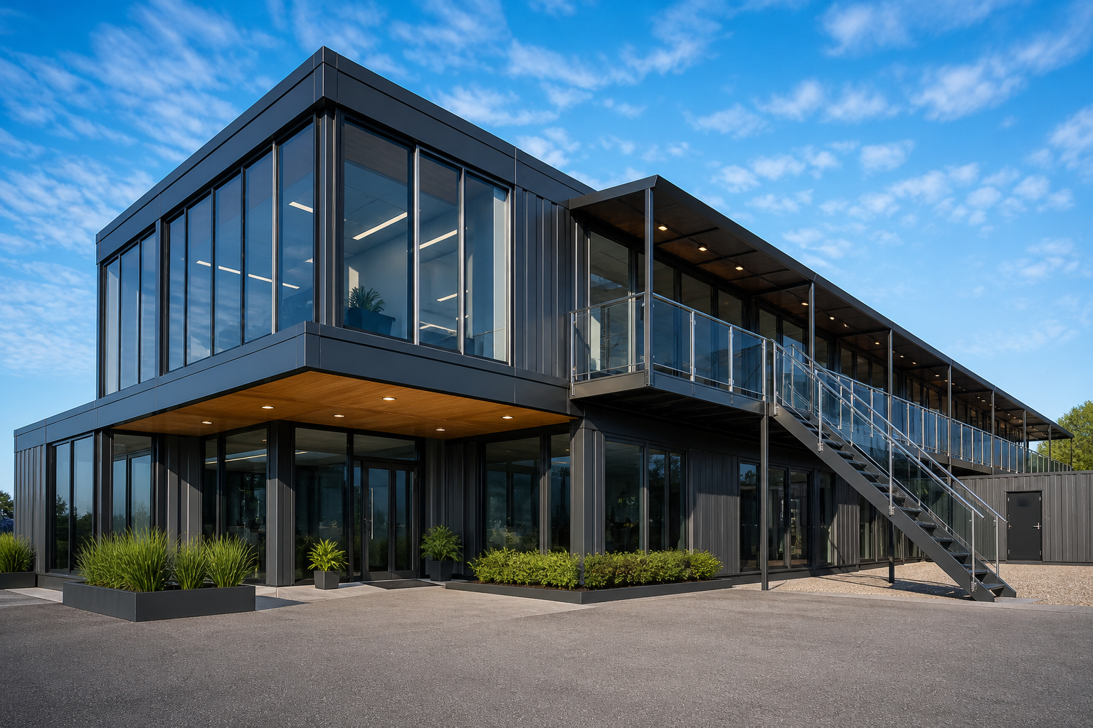 Sino East 2-Storey Modular Site Office Headquarters with Full-Height Glass Curtain Wall